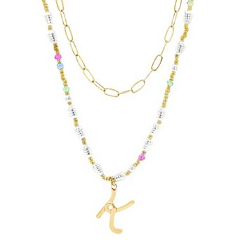 Emberly Gold Tone Paperclip Chain & Initial Pendant Multi-Color Beaded Necklace Set