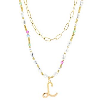 Emberly Gold Tone Paperclip Chain & Initial Pendant Multi-Color Beaded Necklace Set