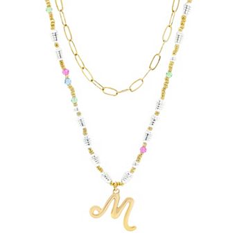 Emberly Gold Tone Paperclip Chain & Initial Pendant Multi-Color Beaded Necklace Set