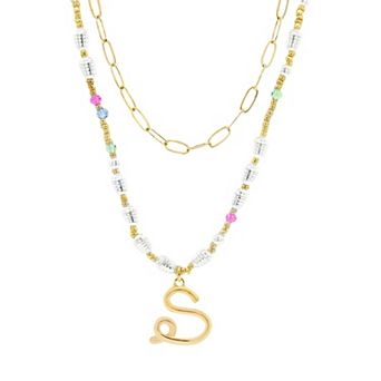 Emberly Gold Tone Paperclip Chain & Initial Pendant Multi-Color Beaded Necklace Set