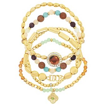 Emberly Gold Tone Clover Charm "LUCK" Beaded Stretch Bracelet Set