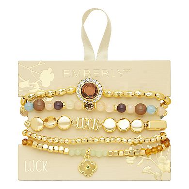 Emberly Gold Tone Clover Charm "LUCK" Beaded Stretch Bracelet Set