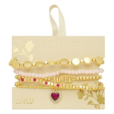 Emberly Gold Tone Hear Charm "LOVED" Beaded Stretch Bracelet Set