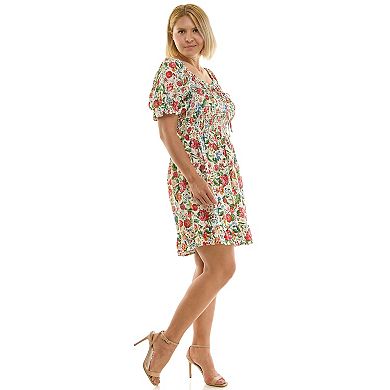 Juniors' Plus Size Lily Rose Smocked Bodice Puff Sleeve Skater Dress