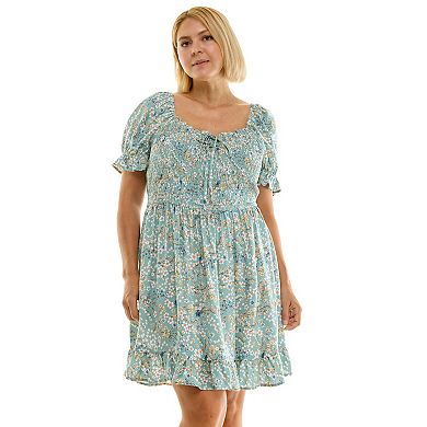 Juniors' Plus Size Lily Rose Smocked Bodice Puff Sleeve Skater Dress