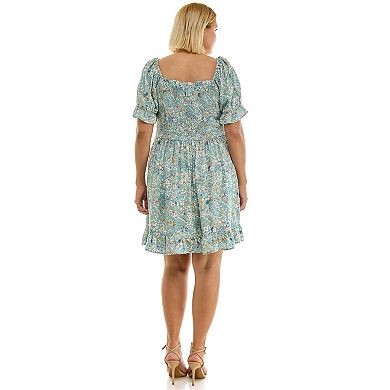 Juniors' Plus Size Lily Rose Smocked Bodice Puff Sleeve Skater Dress