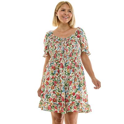 Juniors' Plus Size Lily Rose Smocked Bodice Puff Sleeve Skater Dress