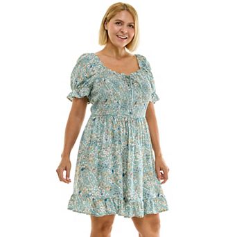 Juniors' Plus Size Lily Rose Smocked Bodice Puff Sleeve Skater Dress