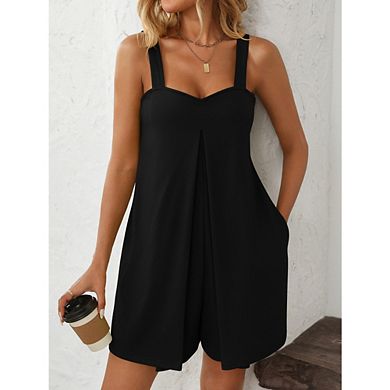 Womens Casual Sleeveless Romper Loose Adjustable Spaghetti Strap Shorts Jumpsuits with Pockets