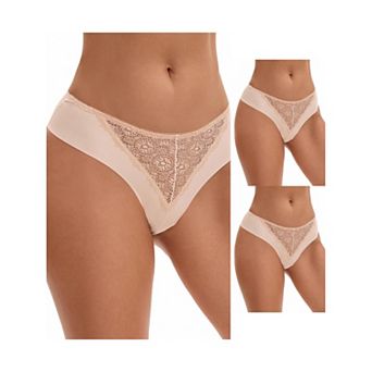 3 Packs Women's Mid Waisted Briefs Smooth Silky Panties Soft Lace Underwear Breathable Underpants
