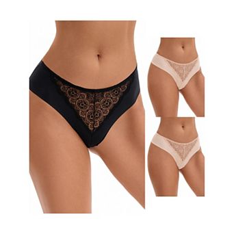 3 Packs Women's Mid Waisted Briefs Smooth Silky Panties Soft Lace Underwear Breathable Underpants