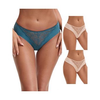3 Packs Women's Mid Waisted Briefs Smooth Silky Panties Soft Lace Underwear Breathable Underpants