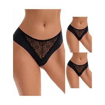 3 Packs Women's Mid Waisted Briefs Smooth Silky Panties Soft Lace Underwear Breathable Underpants