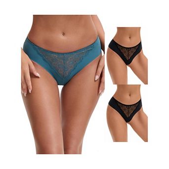 3 Packs Women's Mid Waisted Briefs Smooth Silky Panties Soft Lace Underwear Breathable Underpants