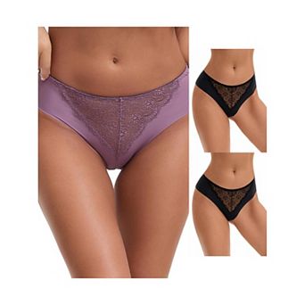 3 Packs Women's Mid Waisted Briefs Smooth Silky Panties Soft Lace Underwear Breathable Underpants