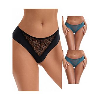 3 Packs Women's Mid Waisted Briefs Smooth Silky Panties Soft Lace Underwear Breathable Underpants