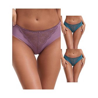 3 Packs Women's Mid Waisted Briefs Smooth Silky Panties Soft Lace Underwear Breathable Underpants