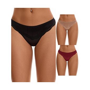 3 Packs Women's Satin Silky Hipster Panties Low Waisted Lace Trimmed Underpants