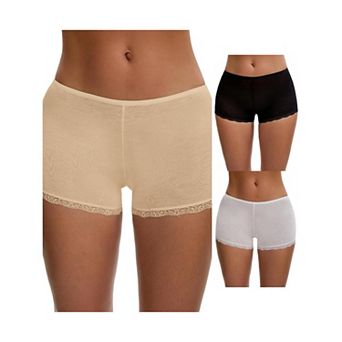 3 Packs Women's Seamless Ice Silk Lace Trim Slip Shorts for Under Dresses Elastic Boyshorts