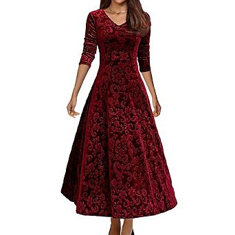 Women's Formal Dresses High Waist Midi Velvet Cocktail Dress V Neck Long Sleeve A Line Dresses
