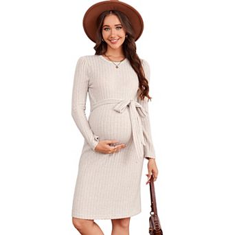 Maternity Sweater Long Sleeve Bodycon Midi Dress Crew Neck Fall Casual Mini Dress Baby Shower Belt