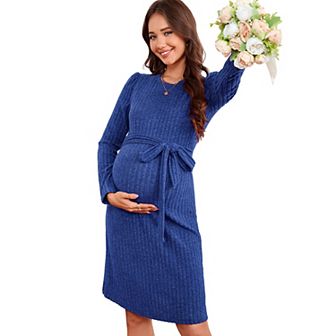 Maternity Sweater Long Sleeve Bodycon Midi Dress Crew Neck Fall Casual Mini Dress Baby Shower Belt