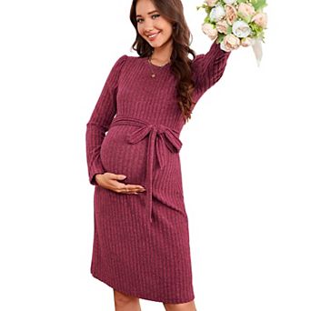 Maternity Sweater Long Sleeve Bodycon Midi Dress Crew Neck Fall Casual Mini Dress Baby Shower Belt
