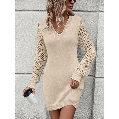 Womens Pullovers Jumper Sweaters Lantern Sleeve Casual V Neck Fall Knit Mini Sweater Dresses