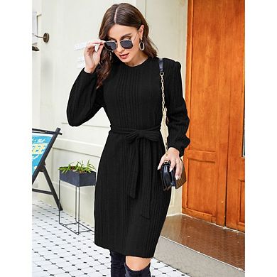 Women Casual Dresses Long Sleeve Ribbed Belted Dresses Bodycon Ribbed Knit Dress with Belt