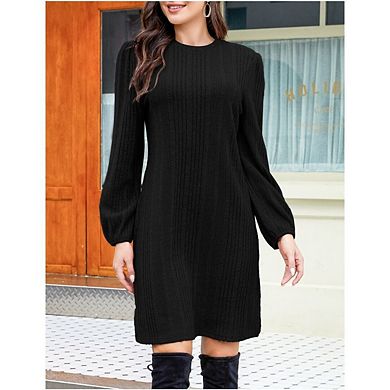 Women Casual Dresses Long Sleeve Ribbed Belted Dresses Bodycon Ribbed Knit Dress with Belt