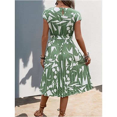 Women's Short Sleeved Round Neck Midi Dress Tie Waist Pleated Geometric Patterns