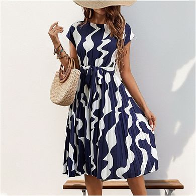 Women's Short Sleeved Round Neck Midi Dress Tie Waist Pleated Geometric Patterns
