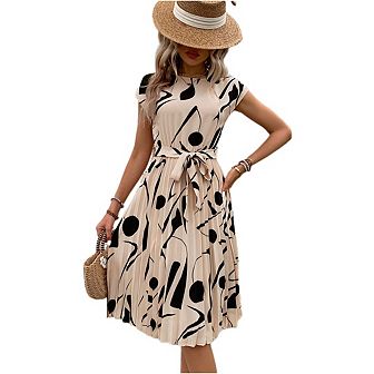 Women's Short Sleeved Round Neck Midi Dress Tie Waist Pleated Geometric Patterns