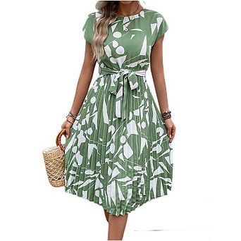 Women's Short Sleeved Round Neck Midi Dress Tie Waist Pleated Geometric Patterns