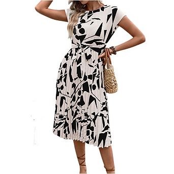 Women's Short Sleeved Round Neck Midi Dress Tie Waist Pleated Geometric Patterns