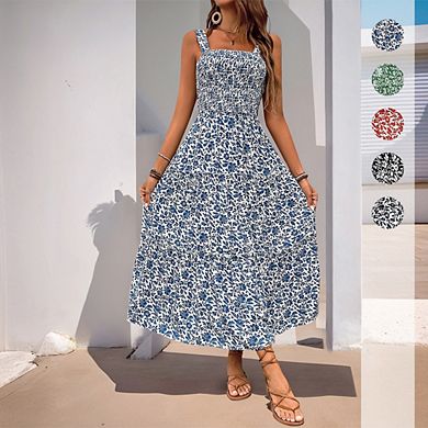Womens Summer Spaghetti Strap Floral Maxi Dress Smocked Flowy Long Beach Vacation Sundresses