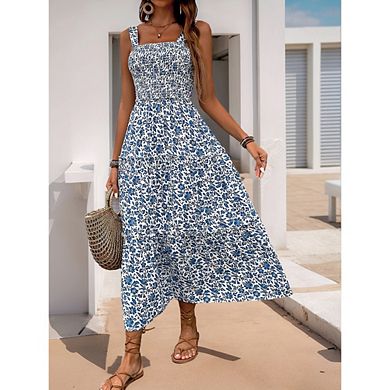Womens Summer Spaghetti Strap Floral Maxi Dress Smocked Flowy Long Beach Vacation Sundresses