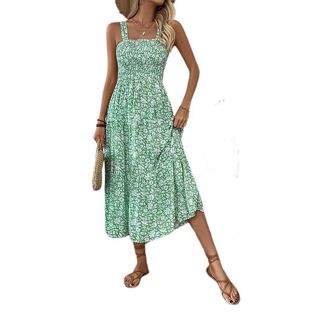 chinese dress ladies Summer Maxi Dress Women Polka Dot Sexy V Neck Ruffles Short Sleeve Holiday Long Beach Sundress Ladies Lace Up Wrap Party Dresses Green / L