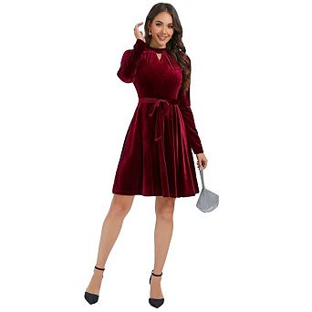 Women's Velvet Cocktail Party Retro Dress Long Sleeve Round Neck Dress With Belt