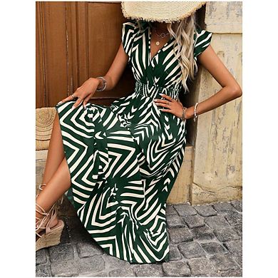 Women's Fly Sleeved Dress V Neck Elegant Printed Short With Lace-up Belt