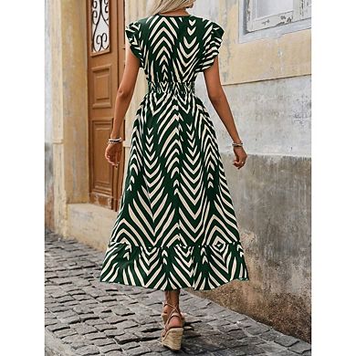 Women's Fly Sleeved Dress V Neck Elegant Printed Short With Lace-up Belt