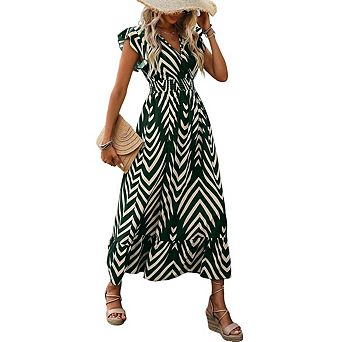 Women's Fly Sleeved Dress V Neck Elegant Printed Short With Lace-up Belt