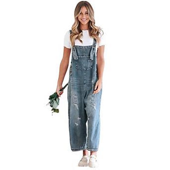 Women's Casual Loose Denim Overalls Adjustable Strap Wide Leg Bib Jean Overalls Jumpsuit