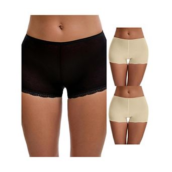 3 Packs Women's Seamless Ice-Silk Lace Trim Slip Shorts for Under Dresses Elastic Boyshorts