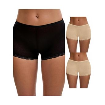 3 Packs Women's Seamless Ice-Silk Lace Trim Slip Shorts for Under Dresses Elastic Boyshorts