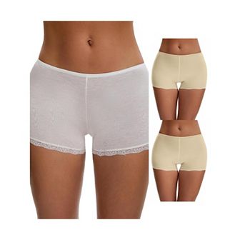3 Packs Women's Seamless Ice-Silk Lace Trim Slip Shorts for Under Dresses Elastic Boyshorts