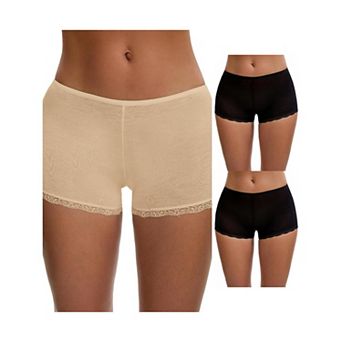 3 Packs Women's Seamless Ice-Silk Lace Trim Slip Shorts for Under Dresses Elastic Boyshorts