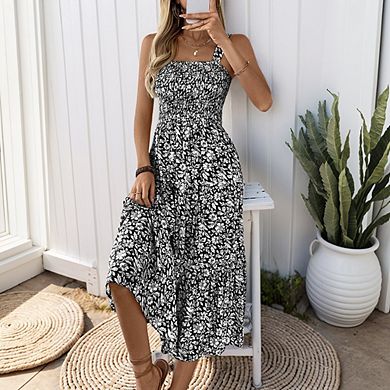 Women's Summer Floral Boho Dress Square Neck Strapped Swing A Line Sundress Beach Long Maxi Outfits