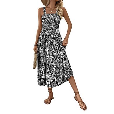 Women's Summer Floral Boho Dress Square Neck Strapped Swing A Line Sundress Beach Long Maxi Outfits