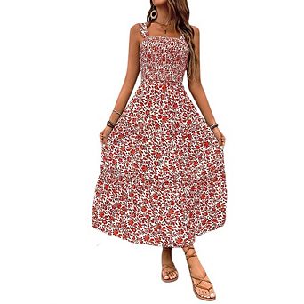 Women's Summer Floral Boho Dress Square Neck Strapped Swing A Line Sundress Beach Long Maxi Outfits